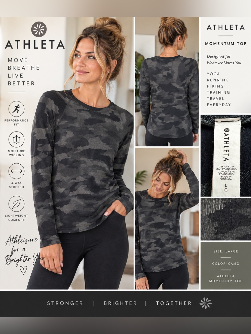 Athleta Momentum Camo Long Sleeve Athletic Top Women’s Large Black Gray
